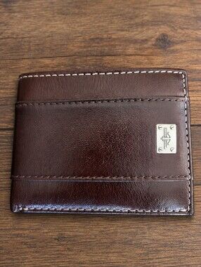 Dockers Genuine Leather Bifold Wallet Mahogany Brown Contrast Stitch ID Window